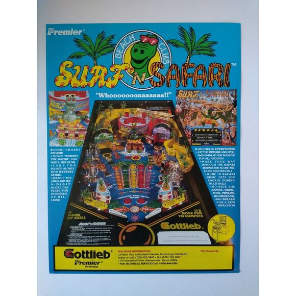Surf N Safari Pinball FLYER 1991 Original Unused Artwork Theme Park Waterpark - Picture 4 of 4